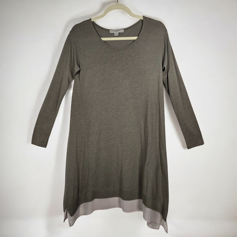 AllSaints Arya Long Sleeve Midi Dress Woman Small Taupe Grey Sheer Panel WD072J